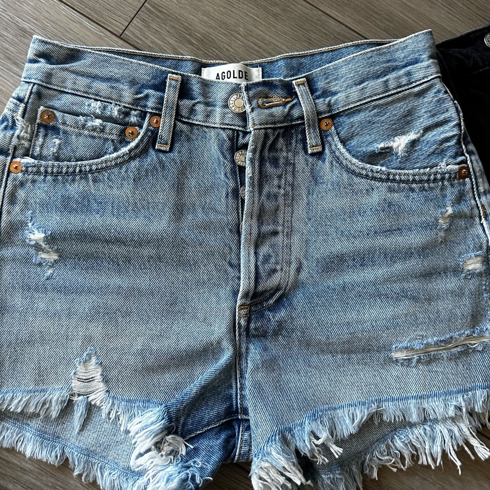 Agolde Light Blue Distressed Denim Jean Shorts